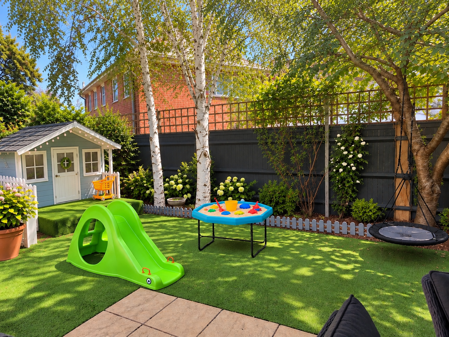 Emma's garden with play house, slide and sand table