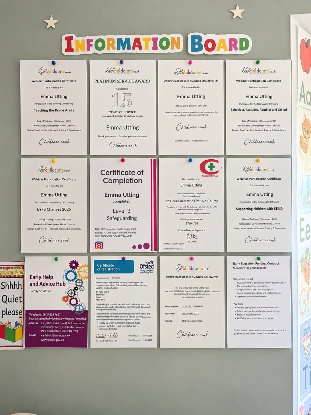 Emma's noticeboard displaying her childminding certificates